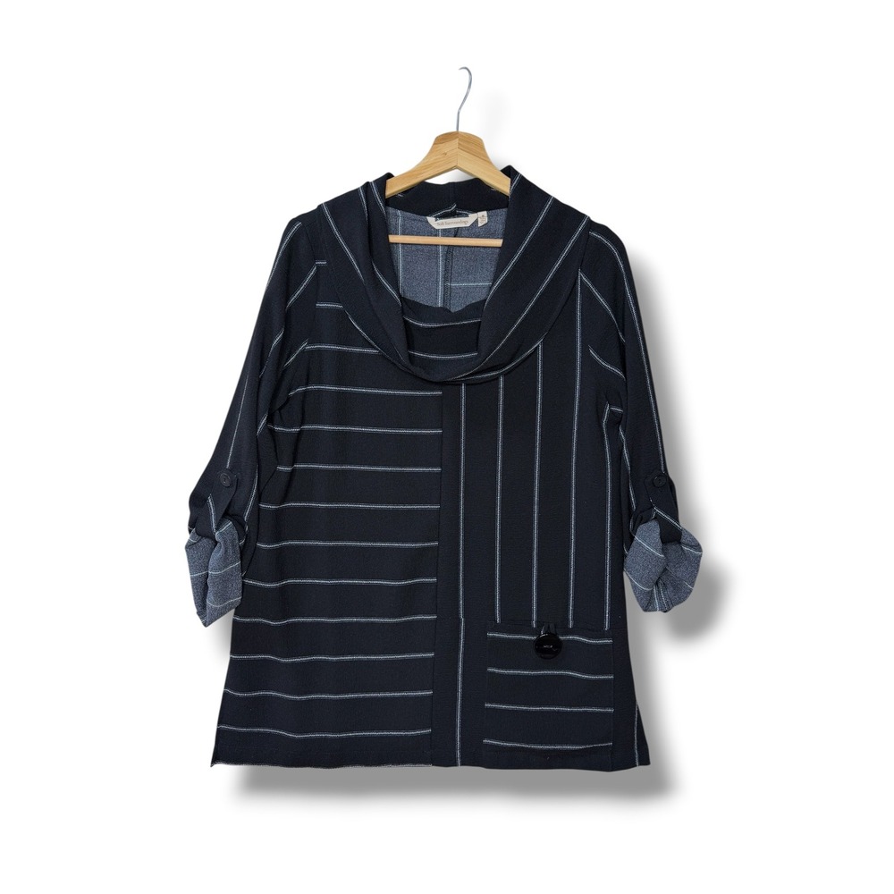 Soft Surroundings Women's M Black Pinstripe Cowl Neck Tunic Top Black Roll Tab